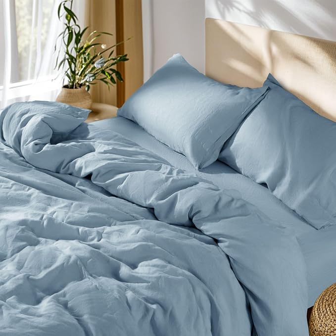 SONORO KATE 100% French Linen Queen Duvet Cover Set,Zipper Closure,3PC | Natural French Flax,Soft Breathable for Hot Sleepers,Moisture Wicking & Durable,4 Corner Ties,Dusty Blue