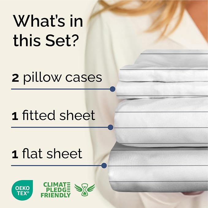 King 4 Piece Striped Sheet Set - Soft, Breathable & Cooling - Grey Stripe | 1 Flat, 1 Fitted & 2 Pillowcases w/ Deep Pockets, Luxury Striped Bedding, Soft, Breathable & Cooling, Wrinkle & Fade Free