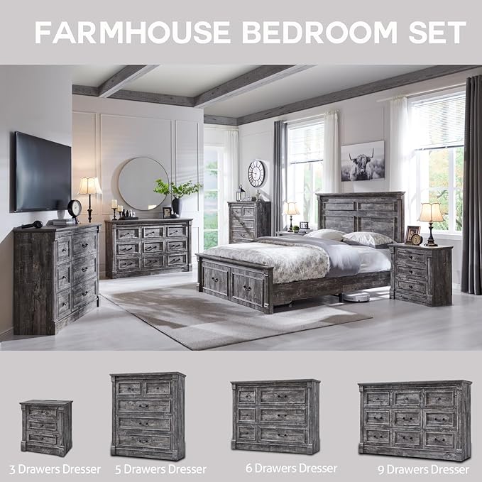 Aitjunz 26" Tall Nightstand w/Charging Station, 3 Drawers, Light Grey | Farmhouse 23.6" Wide Large End Table w/Roman Column, Wood Rustic Side Table w/Metal Handle for Bedroom, Living Room
