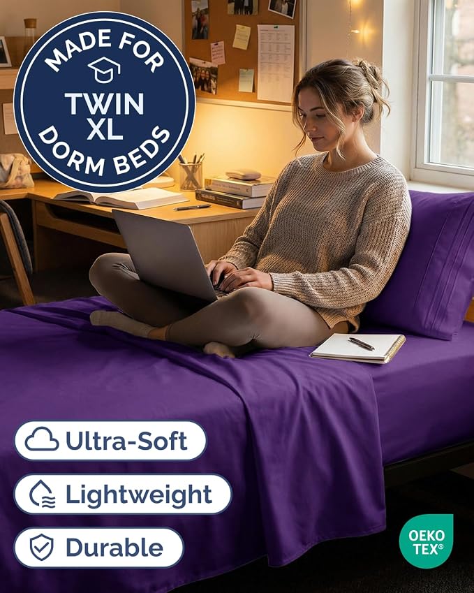 Twin XL 3 Piece Sheet Set - College Dorm Room Essentials - Purple | Deep Pocket Bed Sheets for Women, Men, Teens & Students, Soft, Cooling, Breathable & Wrinkle Free, Oeko-Tex Bed Sheet Set