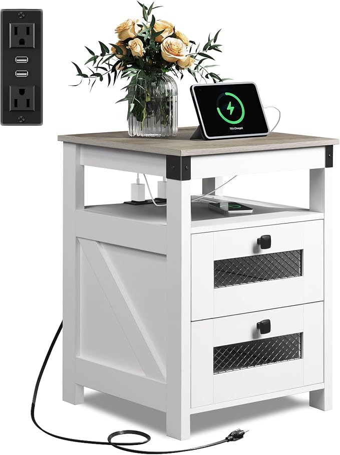 WLIVE Nightstand with Charging Station, Farmhouse End Table, Bed Side Table with 2 Storage Drawers and Open Shelf, Wood Rustic Nightstands for Bedroom, White and Greige