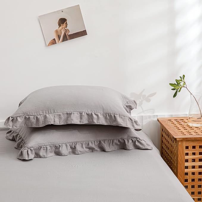 Merryword Cute Pillowcases Light Gray Pillow Shams Gray Ruffle Standard 20x26inch Pillowcases Set of 2 Shabby Chic Fringe Decor Pillow Cover