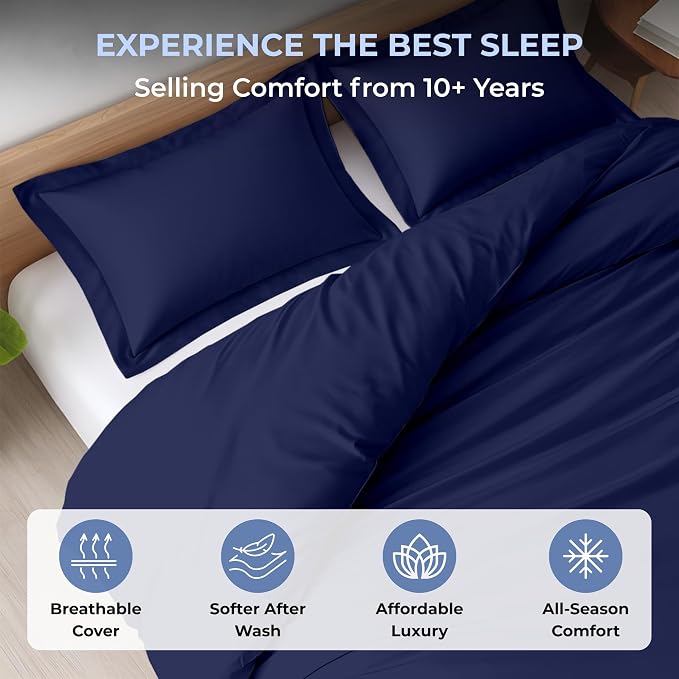 3 Pc Duvet Cover King Size Set-100% Egyptian Cotton 600 Thread Count Ultra Soft Premium Durable Comforter Cover Zipper Closure & Corner Ties - (Navy Blue, 104" X 94")