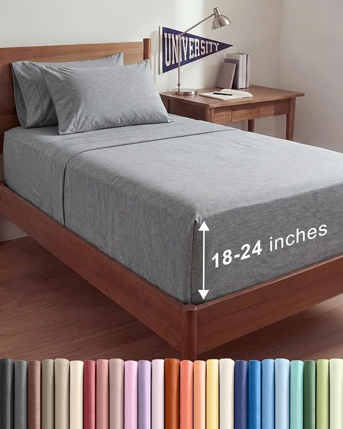 Extra Deep Twin XL Sheet Set - 4 Piece College Dorm Room - Heathered Grey | College Dorm Room Essentials, Easy & Secure Fit, Ultra-Soft, Wrinkle & Fade Free, Comfy Sheets Set with Extra Deep Pockets