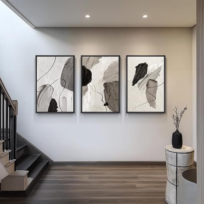 Large Framed Modern Abstract Wall Art for Living Room, 3 Piece 24x36 Inch | Black White Gray Canvas Prints, Modern Paintings, Minimalist Artwork, Abstract Pictures, Bedroom Hallway Office Wall Decor