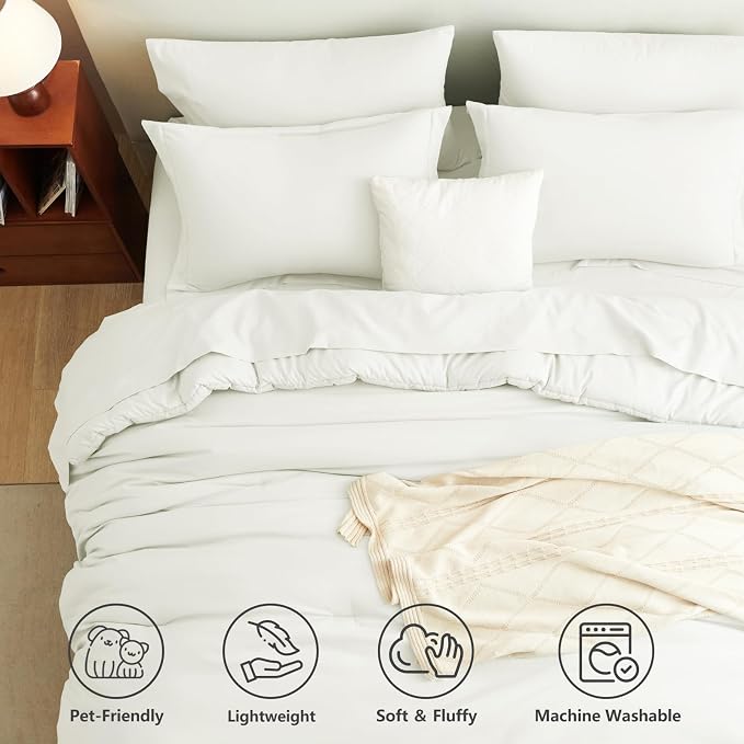 Queen Comforter Set Ivory, 7 Pieces Bed in a Bag | OEKO-TEX Certified, All-Season, Bedroom, 240GSM Down Alternative Comforter, Flat & Fitted Sheets, 2 Pillowcases & 2 Shams