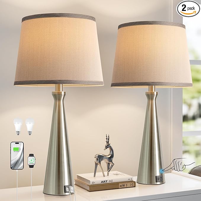 Modern Touch Lamps for Nightstand, 3 Way Dimmable Bedroom Lamp Set of 2 | USB C+A Charging Ports, Silver Bedside Lamps for Bedroom, Living Room, End Table, Bed Side, LED Bulb Included