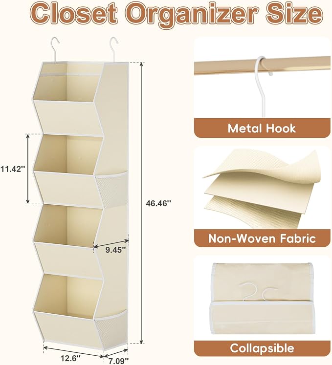 Hanging Closet Organizer 4 Shelf Collapsible Fabric Closet Organizers and Storage Hanging with Mesh Pocket for Clothes, Hanging Wardrobe Organizers and Storage for Sweater T-Shirt Shoes Toys, Beige