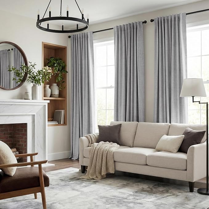INOVADAY 100% Blackout Linen Curtains for Bedroom 50x120 Inches Grey | Linen Textured, Light Blocking, Room Darkening, Thermal Insulated, Back Tab Top, Window Curtains for Living Room, 2 Panels