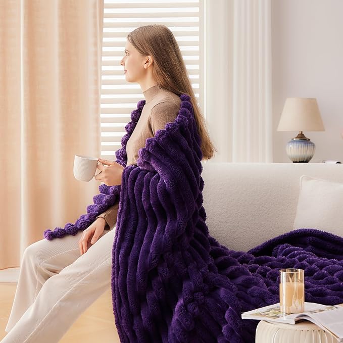 NEWCOSPLAY Fleece Ribbed Cozy Twin Blanket for Couch, Purple, 60"x80" | Premium Silky Flannel Blanket, Soft Lightweight Fluffy Throw Blanket for Bed Sofa Decor, Gift for All Season Use