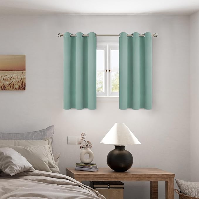 BGment Short 100% Blackout Curtains for Bedroom, Thermal Insulated Lined Energy Efficiency Noise Reducing Grommet Curtains 54 Inch Length for Small Window 2 Panels Each 42 Inch Wide, Frosty Green