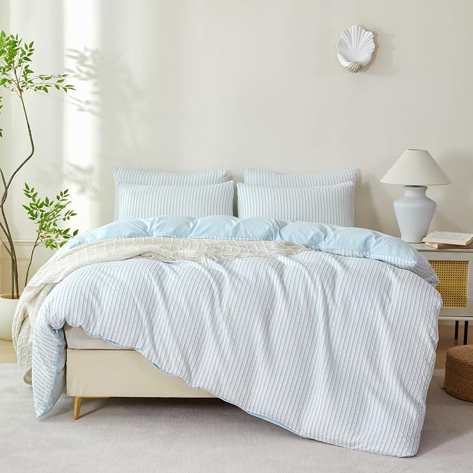 Comforter Queen Set Light Blue Striped Soft Luxury Washed Microfiber Jacquard 3 Pieces Bedding, White Light Blue Vertical Ticking Stripes Comforter with 2 Pillowcases Breathable Durable Comfy
