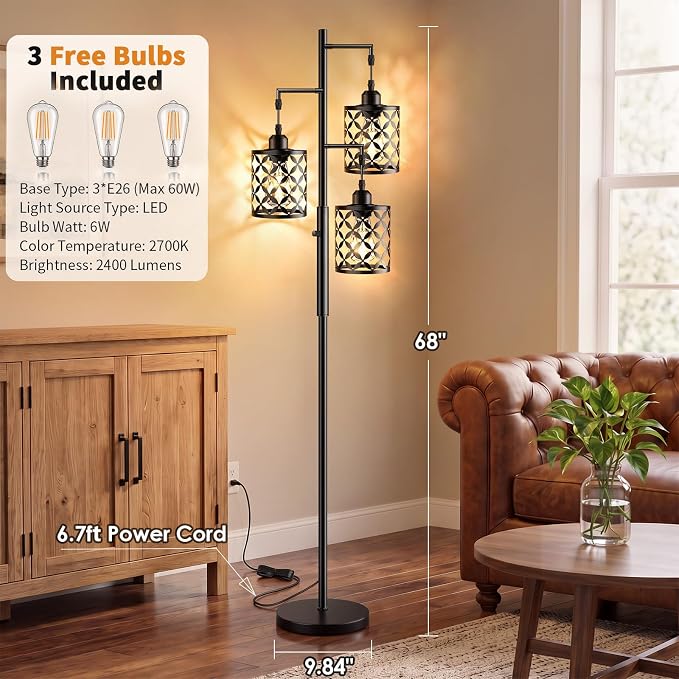 72" Industrial Tree Floor Lamp, Dimmable Farmhouse Tall Stand Light with Metal Cages & Rotary Dimmer Knob, Corner Decor Lighting for Living Room Bedroom Cafe, 3 x 800LM Bulbs Included-Black