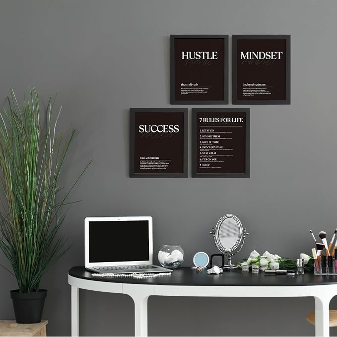 DSHFG Black Motivational Office Pictures Wall Decor Prints Set of 4, Black Motivational Wall Art Decor Tredny Posters Prints for Office Home Room Decor, 8x10 Unframed
