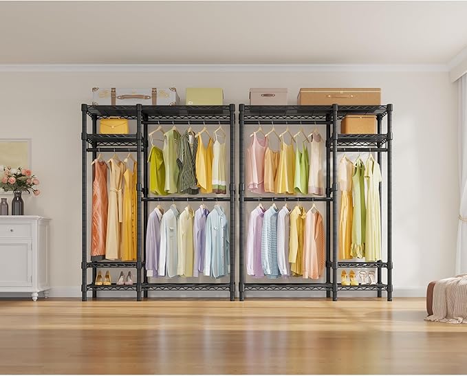 VIPEK V2 Heavy Duty Clothes Rack, Portable Metal Closet System, Black | Freestanding Wardrobe with 4 Tiers Adjustable Wire Shelving & 3 Hanging Rods Clothing Rack, Closet Organizer, Max Load 700LBS