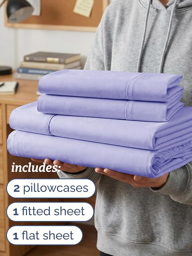Twin XL 4 Piece Sheet Set - College Dorm Room Essentials - Lavender | Ultra Soft Dorm Bedding Set, 8" to 16" Inch Deep Pockets, 1 Flat & 1 Fitted Sheet & 2 Pillowcases, Wrinkle & Fade Free