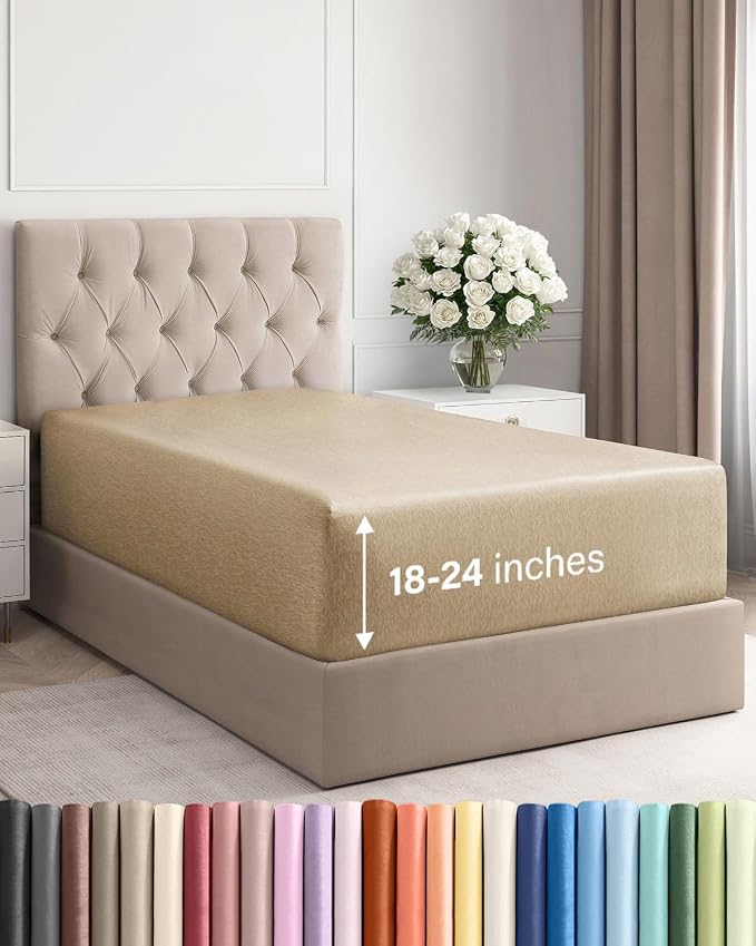 Extra Deep Twin Fitted Sheet - Single Fitted Sheet Only - Heathered Tan | Easily Fits 18 inch to 24 inch Mattress, Soft, Wrinkle Free, Breathable & Comfy, Extra Deep Pockets Hotel Luxury Fitted Sheet