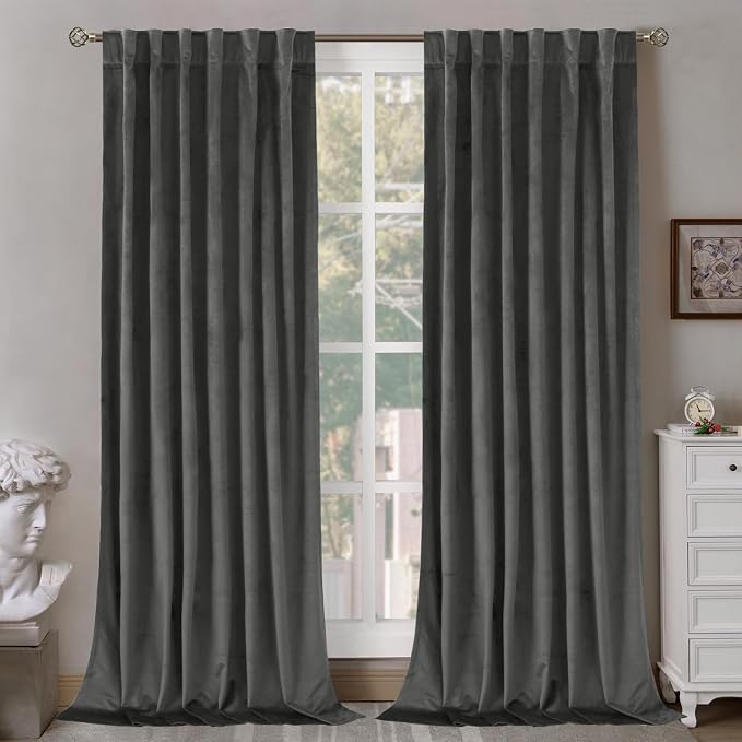 BGment Grey Velvet Curtains 108 Inches Long for Living Room, 52 x 108 Inch | Noise Reducing, Energy Saving, Thermal Insulated, Room Darkening, Window Treatment, Back Tab Rod Pocket, Set of 2 Panels