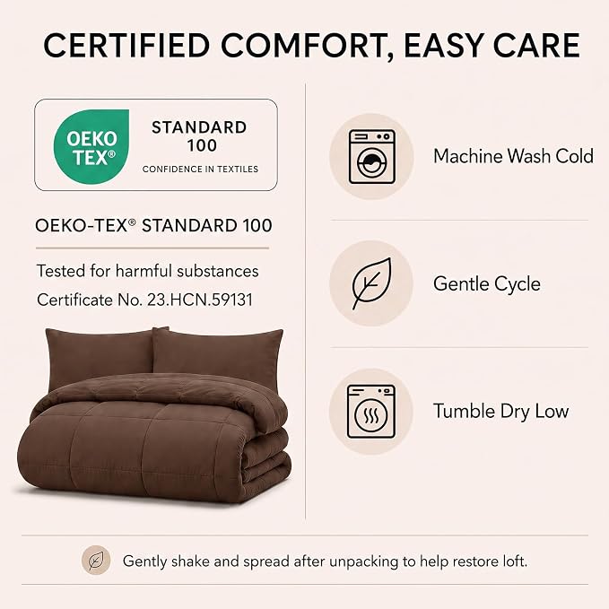 Queen Comforter Set Brown - 7 Pieces Bed in a Bag | OEKO-TEX Certified, All-Season, Bedroom, Guest Room, Down-Alternative Comforter + Flat & Fitted Sheets + 4 Pillowcases