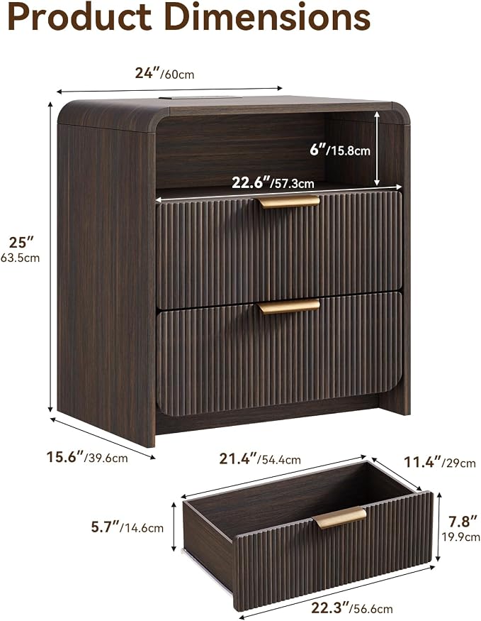 24" 2 Drawers Fluted Nightstand Set of 2, Black Walnut | 2 Drawer Bedside Table with Open Shelf, Metal Handles & Charging Station, Curved Profile End Table for Bedroom