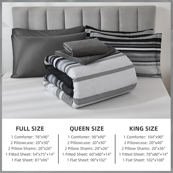 Dobuyly Black Comforter Full Size Set 7 Pieces, Boho Striped Grey Bed in a Bag Full Soft Microfiber Bedding Set for Mens with Comforter, Sheets, Pillowcases & Shams All Season