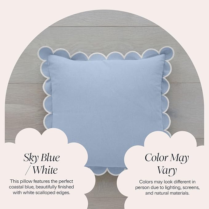 BEBE BASK Scalloped Pillow Cover Set of 2, 18x18, Cotton - Sky Blue/White | 100% Cotton, Scallop Pillow Covers, Grandmillennial Style, 18 by 18 Inch, Easy to Care, Machine Washable, Scalloped Pillows