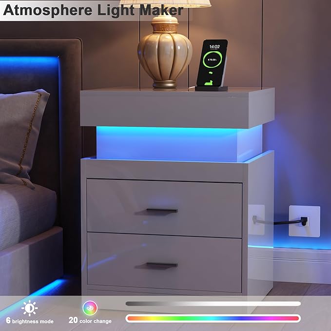 ChooChoo LED Nightstand with Charging Station and Sliding Storage | Sliding Top Storage, 2-Drawers, High Gloss Bedside Table, Modern End Table, Bedroom, White