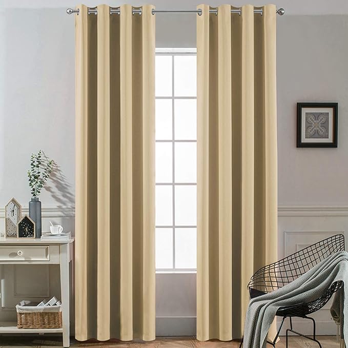 Yakamok Room Darkening Curtains 52x96 inch Length Beige-Living Room | 2 panels,grommet blackout window treatment,thermal insulated,light blocking drapes,privacy protection,bedroom dining room