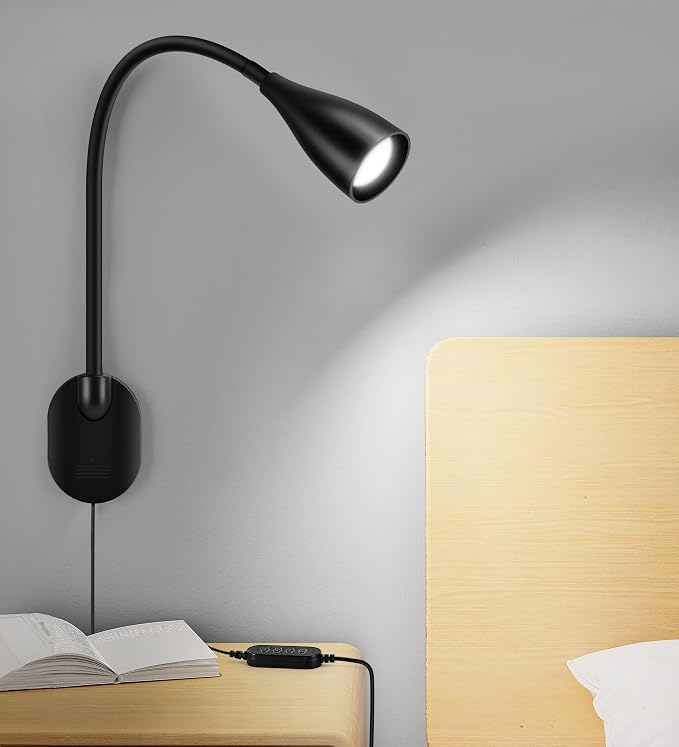 LiFMIRA Wall-Mounted LED Bedside Reading Light USB Charging Port Black | 10-Level Dimmable & Adjustable 5 Color, Plug-in Adhesive Night Lamp for Books in Bed, Eye-Caring Bedroom Lighting
