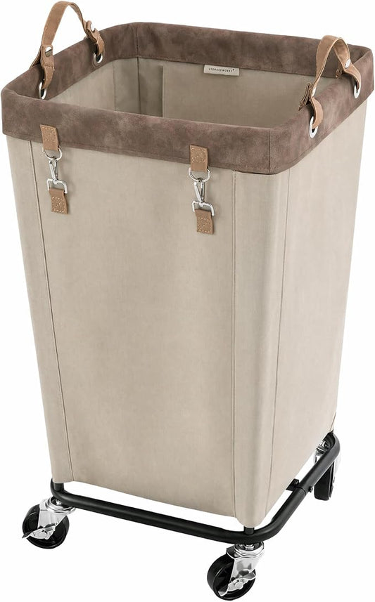 StorageWorks 110L Laundry Basket with Wheels, Rolling Hampers for Clothing | Light Kahki Laundry Rolling Cart with Handles for Bedroom, Bathroom, Dorm, Hotel