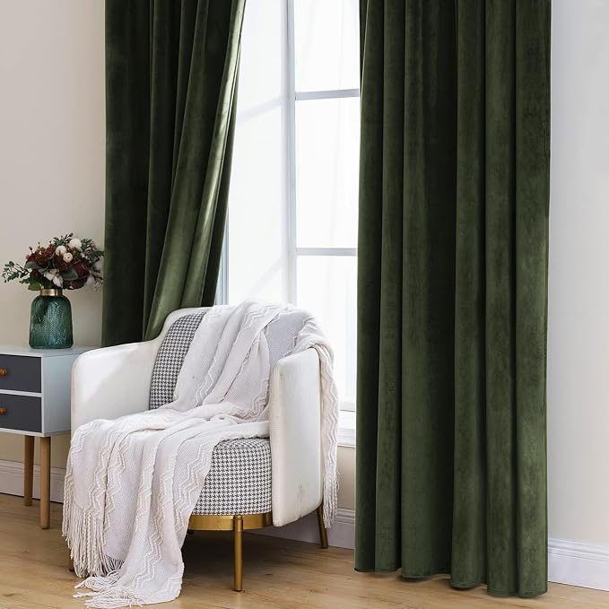 MIULEE Velvet Curtains 52x84 inches 2 Panels Olive Blackout Curtains | Luxury, Bedroom Living Room, Thermal Insulated, Super Soft Window Drapes, Rod Pocket & Back Tab