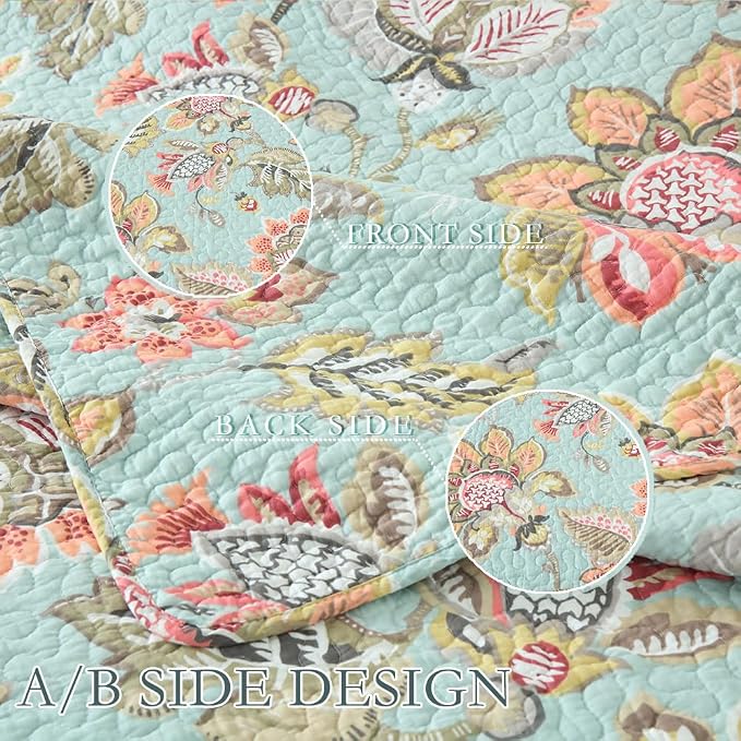 Wistown Cotton Bedspread Bedding Coverlet Quilt Sets, Reversible Vintage Branch Floral Bedspread comforters, (Vintage Floral Blue Pattern, Queen Size)