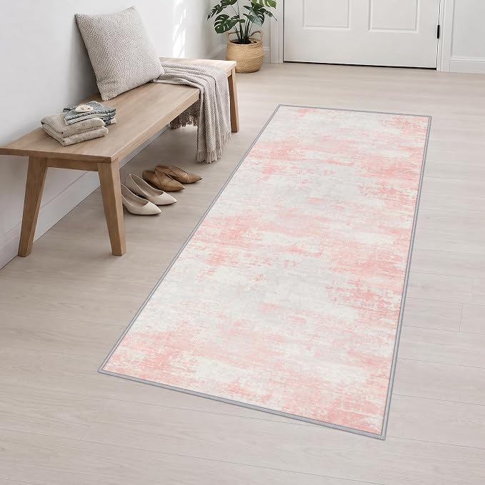 3x8 Washable Runner Rug：Modern Abstract Soft Carpet Pink White | For Hallway, Bedroom, Kitchen, Laundry, Bathroom,Door Mat,Modern Abstract,Machine washable,Non-Slip,Stain Resistant,Indoor