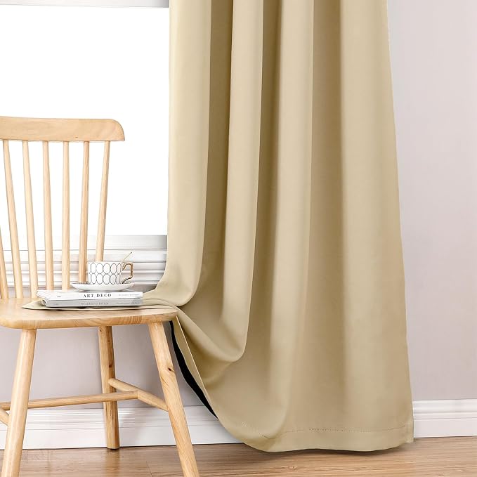 ChrisDowa 100% Blackout Curtains for Bedroom 45 Inches Long 2 Panels Set | 2 Thick Layers, Thermal Insulated, Light Blocking, Grommet, Window Treatment, Living Room Drapes, Beige, 42 x 45 Inch