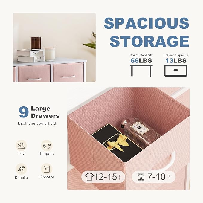 DUMOS 9 Drawer Dresser for Bedroom, Storage Organizer Chest of Drawers | Fabric Bins Storage Tower with Sturdy Metal Frame, Wood Tabletop for Closet, Pink