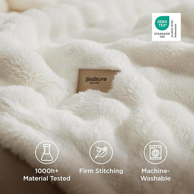 Bedsure 3D Fleece Bubble Blanket for Couch - GentleSoft White Throw Blanket for Sofa Bed Room Decor - Luxury Soft Cozy Gifts for Women, Lightweight, All Seasons, Off White, 50"×70"