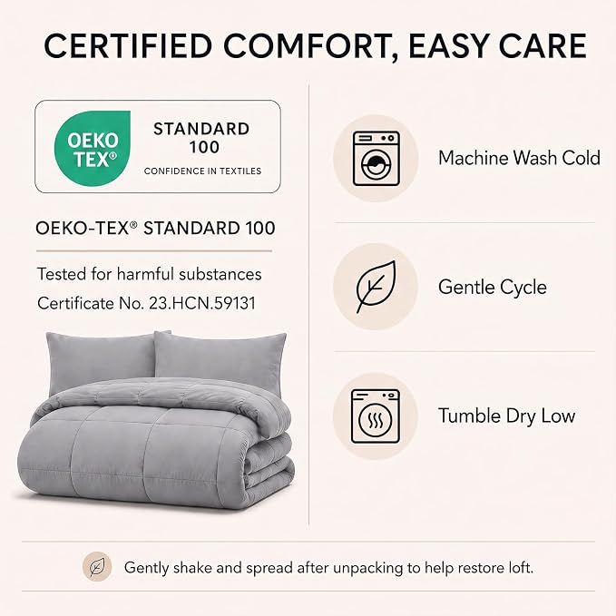 Full Size Comforter Sets Grey - 7 Pieces Bed in a Bag | OEKO-TEX Certified, All-Season, Bedroom, Guest Room, Down-Alternative Comforter + Flat & Fitted Sheets + 4 Pillowcases