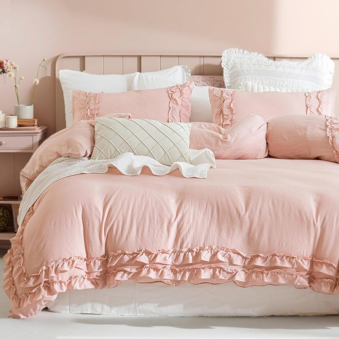 Pink Ruffled Duvet Cover Girls Coquette Bedding Set Cute Lace Fringe Ruffle Bedding Shabby Chic Farmhouse Style Super Soft Cozy Elegant Cover Cover Set Twin Size