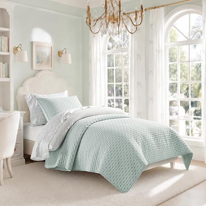 100% Cotton Cross Stitch Quilt Set, Twin, Seafoam Aqua | 100% Cotton, Elegant Cross Stitch, Soft & Breathable, Prewashed Softness, Oversized Design, OEKO-TEX® Certified