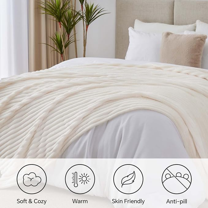 BEDELITE Ribbed King Size Blanket for Bed, Cream, 108"x90" | Ultra-Soft Plush Fleece, Warm Yet Lightweight, Ribbed Texture, Home Decor, Machine Washable, Giftable, All-Season Use