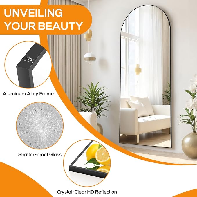 21"x64" Mirror Full Length, Upgraded Body Wall Mirrors | Shatter-Proof Glass, Floor Standing, Hanging or Leaning, Tall Mirror with Stand Aluminum Alloy Frame for Bedroom, Black