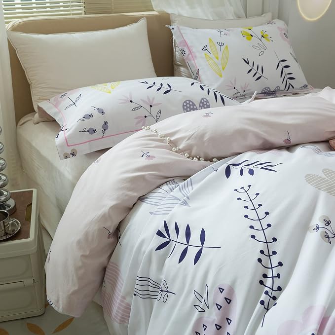 mixinni Garden Style Floral Duvet Cover Queen Size Teenage Girls Flower Leaf Print 3pc Soft Cotton Bedding Set Comforter Cover with Zipper Ties Perfect for Girls- (3pcs, Queen Size)