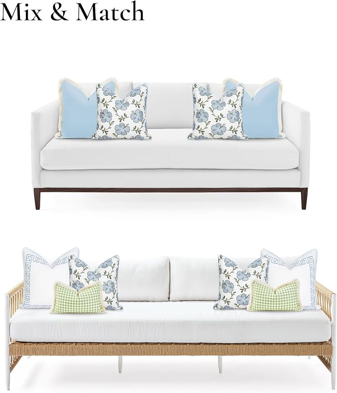 Hofdeco Premium Coastal Patio Indoor Outdoor Throw Pillow Cover Only, 18"x18" Water Repellent for Backyard, Couch, Baby Blue Green Embroidered Hibiscus Floral with Piping (Pack of 2)