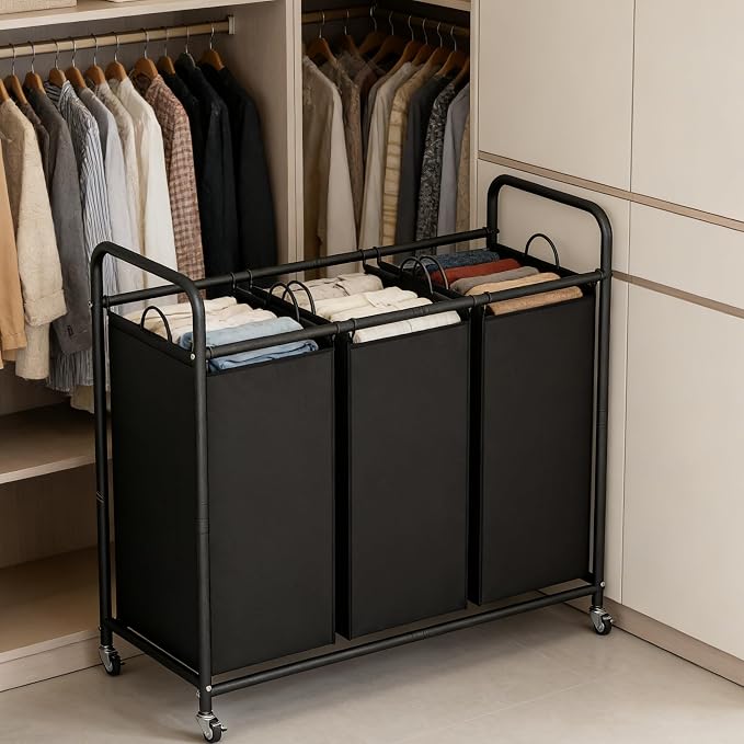 LINZINAR 3 Section Laundry Hamper, Black Laundry Basket 135L Laundry Sorter | Laundry Room Organization with Heavy Duty Rolling Lockable Wheels and Removable Bag, Bedroom Laundry Cart for Clothes Storage