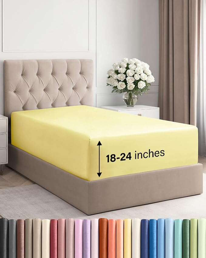 Extra Deep Twin Fitted Sheet - Single Fitted Sheet Only - Yellow | Easily Fits 18 inch to 24 inch Mattress, Soft, Wrinkle Free, Breathable & Comfy, Extra Deep Pockets Hotel Luxury Fitted Sheet