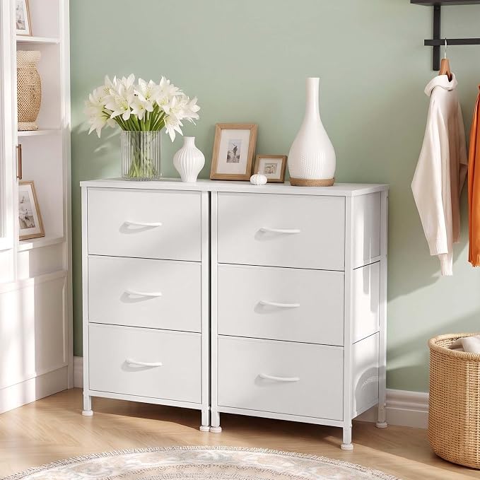 3 Drawers Dresser for Bedroom Fabric Storage Tower with Wooden Top | Steel Frame Chest of Drawers for Closet Entryway Dorm and Small Spaces, White