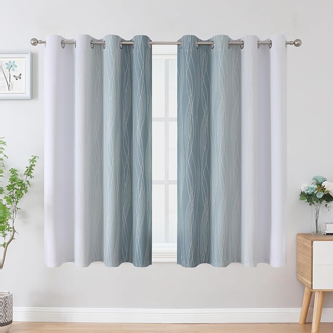 Stone Blue and Greyish White Blackout Curtains for Bedroom 54 Inch Long | Estelar Textiler Room Darkening Ombre Curtains for Bathroom,Light Blocking,Thermal Insulated Grommet Drapes,52Wx54L,2 Panels