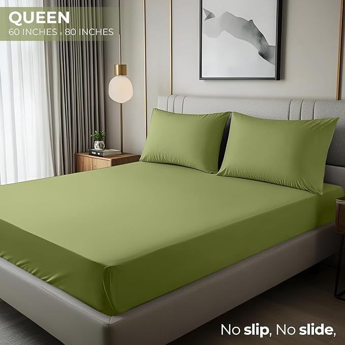 Queen Fitted Sheet, Ultra Soft Fits Up to 16 Inch Deep Pocket, Olive | Hotel Comfort, Cooling & Breathable Cotton like Polyester, Easy Fit, Wrinkle & Fade Resistant, Snug Fit, Easy Care, Oeko-Tex