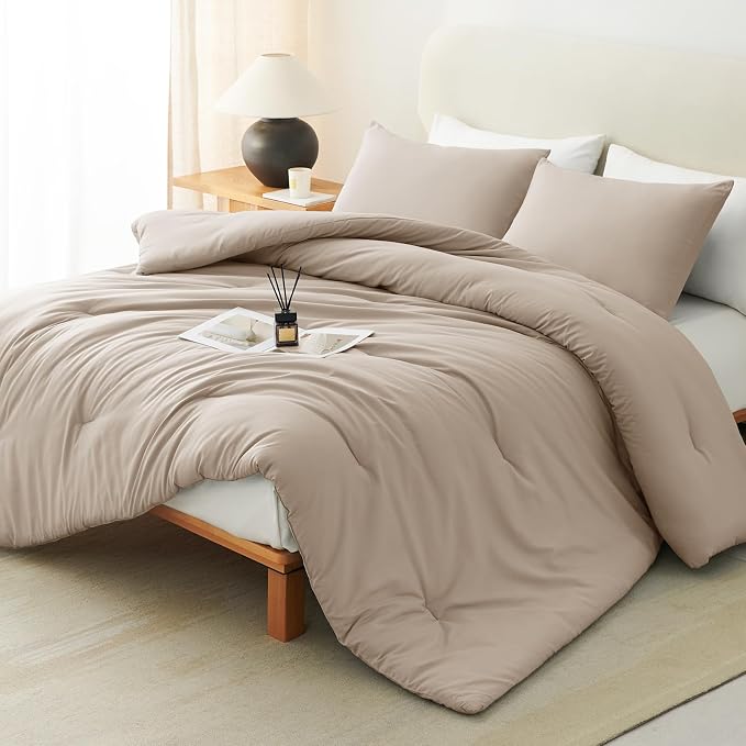 Queen Comforter Set, 3 Pieces Down Alternative Bedding, Wheat | 270 GSM All Season Comforter with 4 Corner Ties for Use as a Duvet Insert, OEKO-TEX Certified, 2 Pillowcases, 88 x 88 in