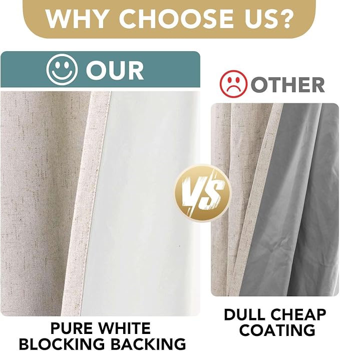 H.VERSAILTEX 72 inch Blackout Curtains, 100% Absolutely Blackout Thermal Insulated Textured Linen Look Curtain Draperies Anti-Rust Grommet Linen Curtains Blackout, 2 Panels, Natural